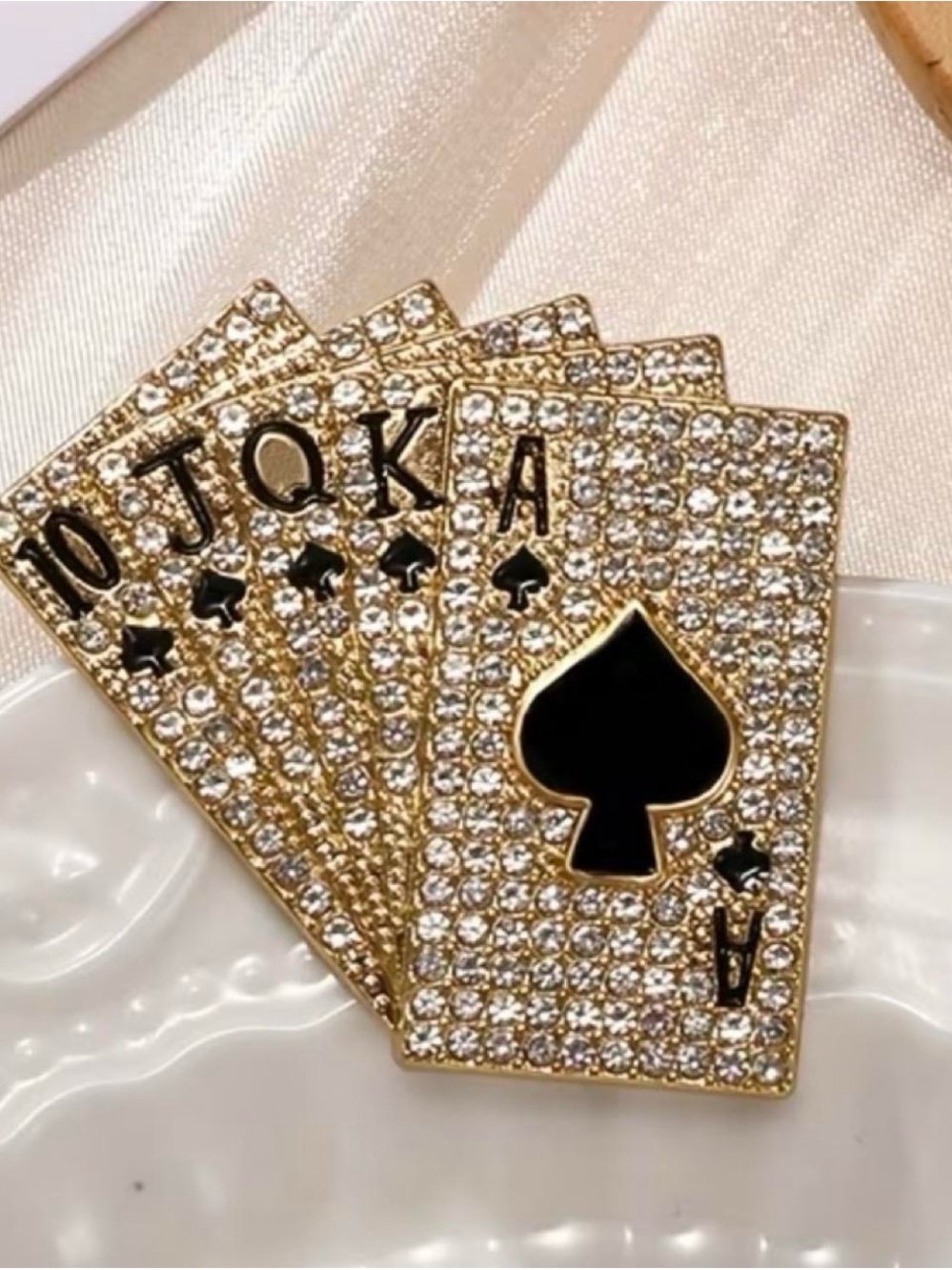 Gold tone rhinestone Poker Card Brooch Pin - Black Spade Accent